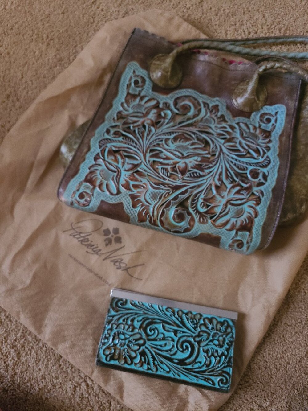 Patricia Nash Distressed Leather Tote Bag & Matching Cauchy Turquoise Wallet Set